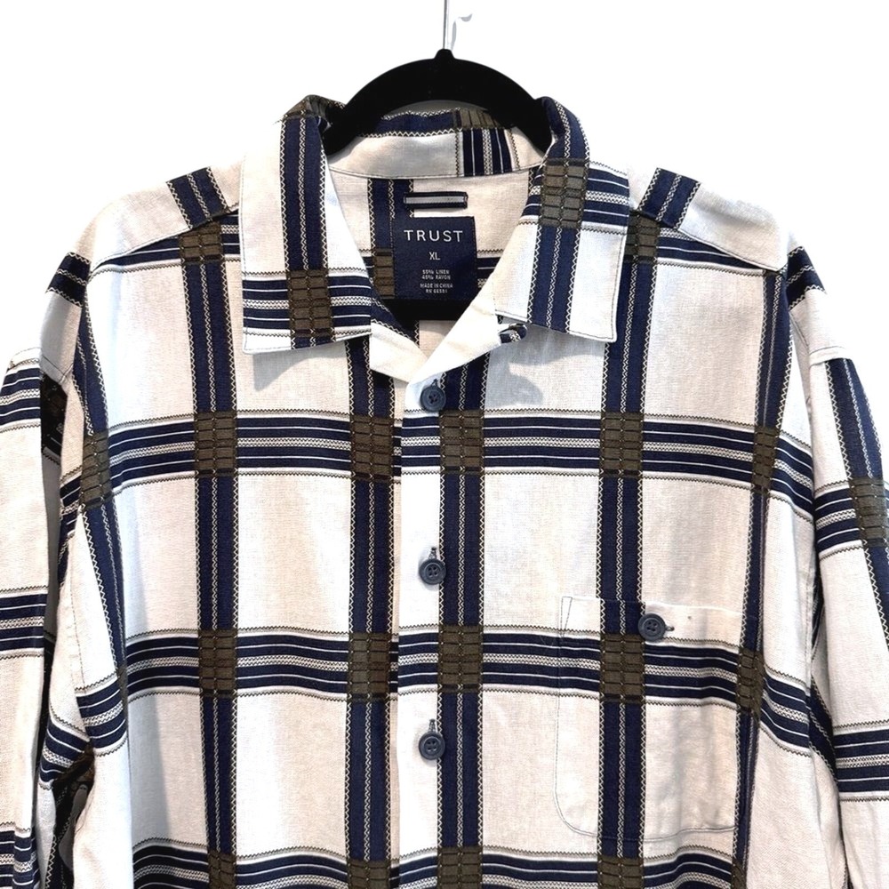 Trust Shirt Vintage White Blue Brown Plaid Linen Blend Button Up Mens XL